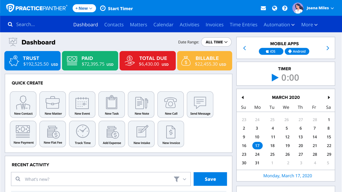 PracticePanther dashboard